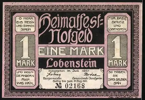 Notgeld Lobenstein 1921, 1 Mark, Heimatfestnotgeld mit Stadtansicht und Burgruine