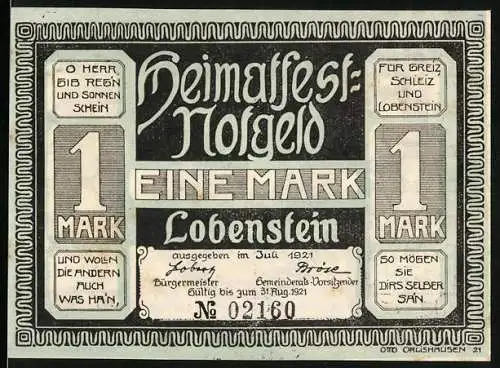 Notgeld Lobenstein, 1921, 1 Mark, Heimatsfest-Notgeld mit Gebäudemotiv und Inschriften