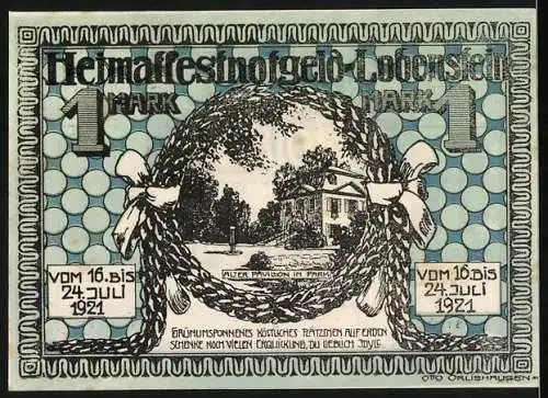 Notgeld Lobenstein, 1921, 1 Mark, Heimatsfest-Notgeld mit Gebäudemotiv und Inschriften