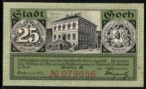 Notgeld Goch, 1921, 25 Pfennig, Rathaus und Haus Zu den Fünf Ringen