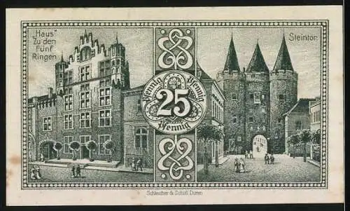 Notgeld Goch, 1921, 25 Pfennig, Rathaus und Haus Zu den Fünf Ringen