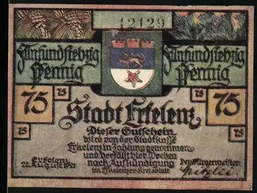 Notgeld Erkelenz 1921, 75 Pfennig, Stadtwappen und Gebäude mit Frau