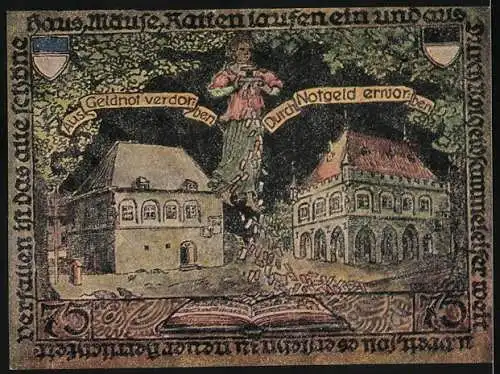 Notgeld Erkelenz 1921, 75 Pfennig, Stadtwappen und Gebäude mit Frau