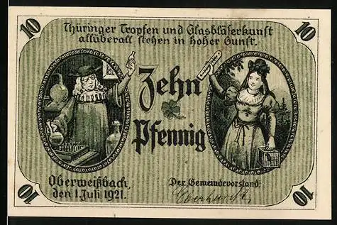 Notgeld Oberweissbach, 1921, 10 Pfennig, Thüringer Töpfen und Glasbläserkunst, Gültigkeit einen Monat