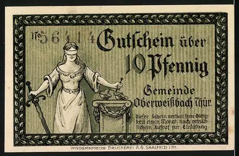 Notgeld Oberweissbach, 1921, 10 Pfennig, Thüringer Töpfen und Glasbläserkunst, Gültigkeit einen Monat