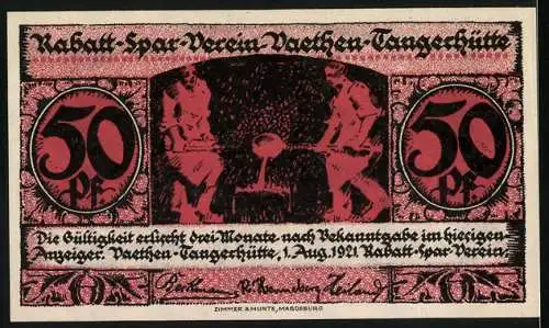 Notgeld Vaethen-Tangerhütte 1921, 50 Pf, Gebäude mit Inschrift und Text über Gültigkeit von drei Monaten