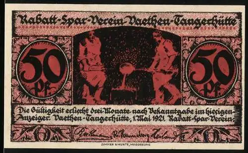 Notgeld Vaethen-Tangerhütte 1921, 50 Pf, Rabatt-Spar-Verein, rotes Design mit Figuren und Schloss