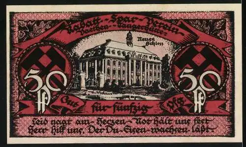 Notgeld Vaethen-Tangerhütte 1921, 50 Pf, Rabatt-Spar-Verein, rotes Design mit Figuren und Schloss