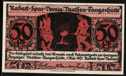 Notgeld Vaethen-Tangerhütte 1921, 50 Pf, Vorderseite mit Tanzenden und Rückseite mit Neuem Schloss