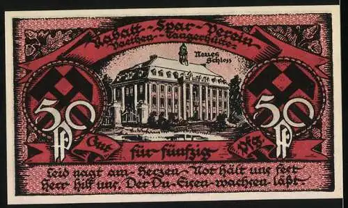 Notgeld Vaethen-Tangerhütte 1921, 50 Pf, Vorderseite mit Tanzenden und Rückseite mit Neuem Schloss