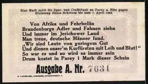 Notgeld Parey an der Elbe 1921, 1 Mark, Motiv mit historischem Porträt und Gedicht auf Rückseite