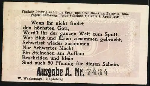 Notgeld Parey a. d. Elbe 1921, 50 Pfennig, Sonnenwende mit Porträt und Text Rückseite