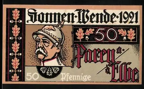 Notgeld Parey an der Elbe 1921, 50 Pfennig, Illustration eines Mannes mit Helm und Eichenblättern, Ausgabe A Nr. 7443