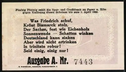 Notgeld Parey an der Elbe 1921, 50 Pfennig, Illustration eines Mannes mit Helm und Eichenblättern, Ausgabe A Nr. 7443