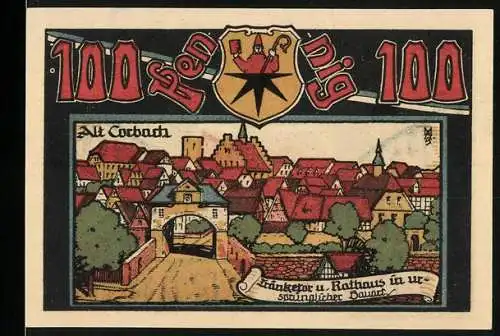 Notgeld Corbach, 1921, 100 Pfennig, Altstadtansicht mit Stadttor und Rathaus, Rückseite Sportverein 1909