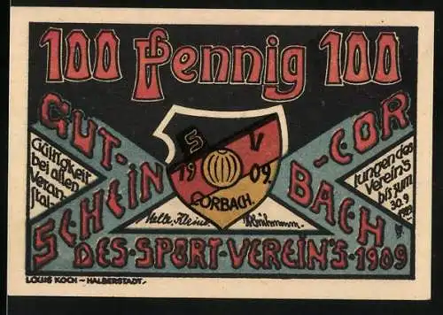 Notgeld Corbach 1909, 100 Pfennig, Gutschein des Sport Vereins mit Stadtansicht von Alt Corbach um 1750