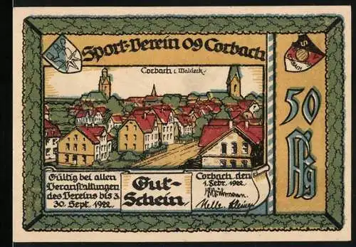 Notgeld Corbach 1922, 50 Pf, Sport-Verein 09 Corbach mit Stadtansicht und Athlet auf Globus