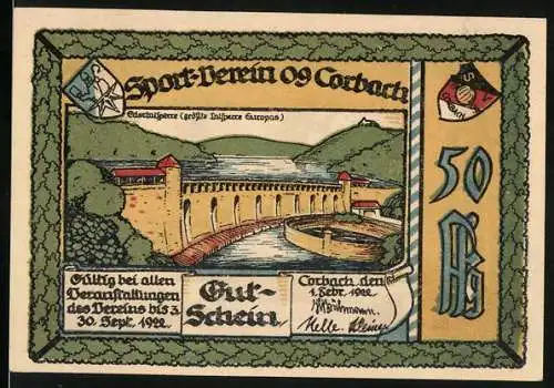 Notgeld Corbach 1922, 50 Pf, Sport-Verein 09 Corbach, Darstellung der Edertalsperre und Läufer