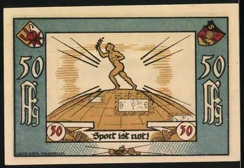 Notgeld Corbach 1922, 50 Pf, Sport-Verein 09 Corbach, Darstellung der Edertalsperre und Läufer