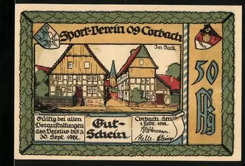 Notgeld Corbach, 1922, 50 Pfennig, Sport-Verein 09 Corbach, Illustration mit Fachwerkhäusern und Sportler