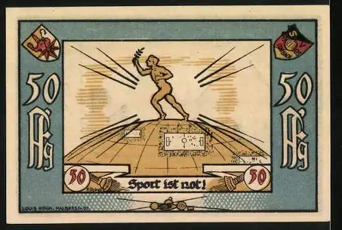 Notgeld Corbach, 1922, 50 Pfennig, Sport-Verein 09 Corbach, Illustration mit Fachwerkhäusern und Sportler