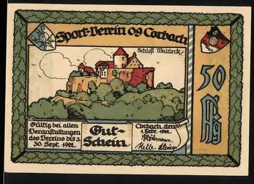 Notgeld Korbach 1922, 50 Pf, Schloss Waldeck und Sport ist not!