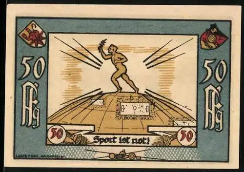 Notgeld Corbach 1922, 50 Pfennig, Sport-Verein 09 Korbach, Athlet und Stadtansicht, gültig bis 30. Sept. 1922