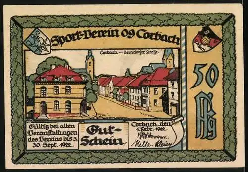 Notgeld Corbach 1922, 50 Pfennig, Sport-Verein 09 Korbach, Athlet und Stadtansicht, gültig bis 30. Sept. 1922