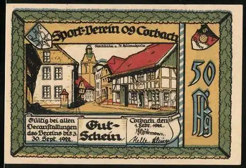 Notgeld Korbach 1922, 50 Pfennig, Sport-Verein 09 Korbach Gutschein mit Stadtansicht und Sportmotiv
