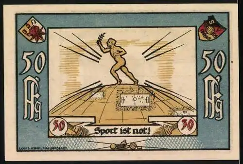 Notgeld Korbach 1922, 50 Pfennig, Sport-Verein 09 Korbach Gutschein mit Stadtansicht und Sportmotiv