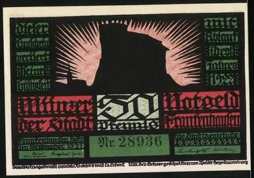 Notgeld Frankenhausen 1921, 50 Pfennig, Abbildung einer Silhouette von Kämpfern auf der Vorderseite