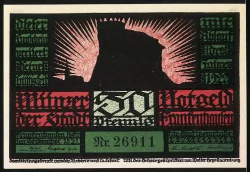 Notgeld Frankenhausen 1921, 50 Pfennig, Silhouetten von Menschen auf rotem Hintergrund und Burg mit Sonnenstrahlen