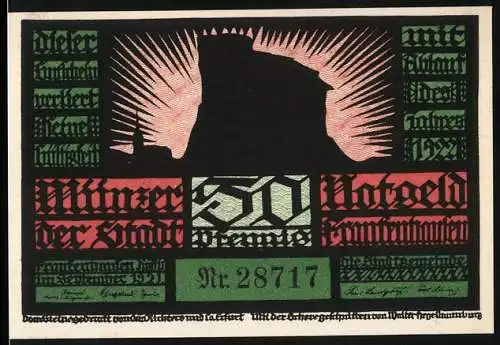 Notgeld Frankenhausen 1921, 50 Pfennig, Burgsilhouette und Reiterszene