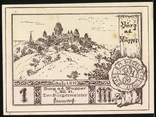 Notgeld Burg an der Wupper 1921, 1 Mark, Das Turnier und Burgillustration