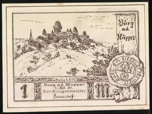 Notgeld Burg an der Wupper, 1922, 1 Mark, Ausmarsch der Freiwilligen des bergischen Landes zur Zeit der Freiheitskriege