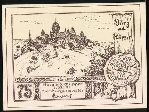 Notgeld Burg a.d. Wupper, 1921, 75 Pf, Verkündigung des Evangeliums und Ansicht der Burg