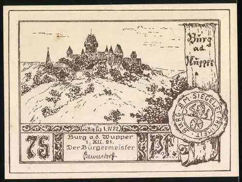 Notgeld Burg an der Wupper, 1921, 75 Pfennig, Vereinigung der Länder Kleve, Mark, Jülich, Berg durch Verlobung 1496