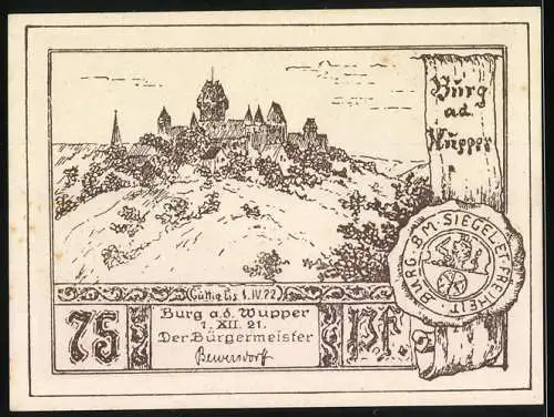 Notgeld Burg an der Wupper, 1921, 75 Pfennig, Burgansicht und Bergfried mit Palasgebäude