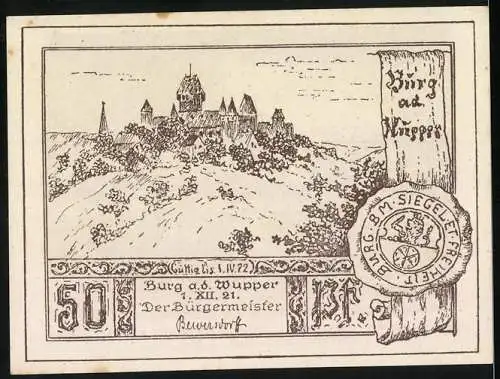 Notgeld Burg a.d. Wupper, 1921, 50 Pfennig, Illustration der Burg und Szene mit Erzbischof Engelbert