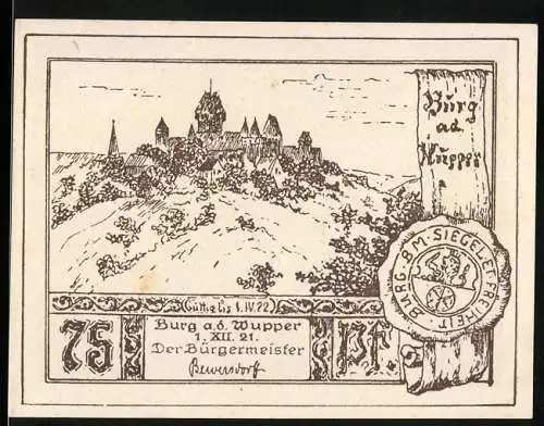 Notgeld Burg an der Wupper, 1921, 75 Pfennig, Burgansicht und Jagdszene