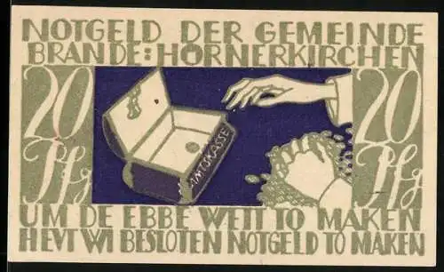 Notgeld Brande-Hörnerkirchen, 1922, 20 Pf, Motiv mit Hand und Münzkasse, Gültigkeit bis 31. Januar 1922