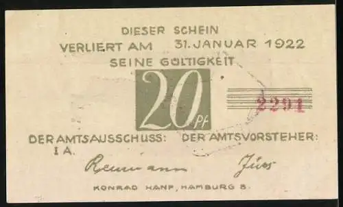 Notgeld Brande-Hörnerkirchen, 1922, 20 Pf, Motiv mit Hand und Münzkasse, Gültigkeit bis 31. Januar 1922