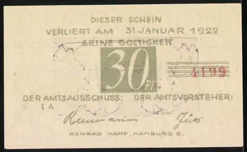 Notgeld Brande-Hörnerkirchen, 1922, 30 Pfennig, Glockenturm und Ablaufdatum 31. Januar 1922