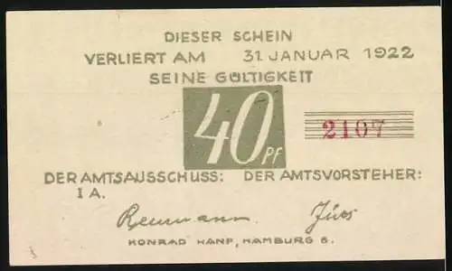 Notgeld Brande-Hörnerkirchen 1922, 40 Pf, Marktplatz und Gültigkeit bis 31. Januar 1922