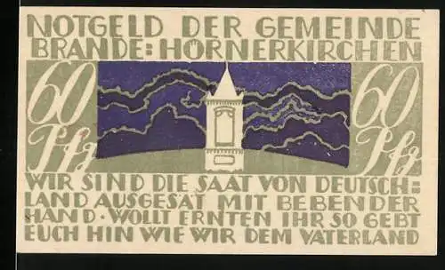 Notgeld Brande-Hörnerkirchen, 1922, 60 Pfennig, Turm und Landschaft, Gültigkeit bis 31. Januar 1922