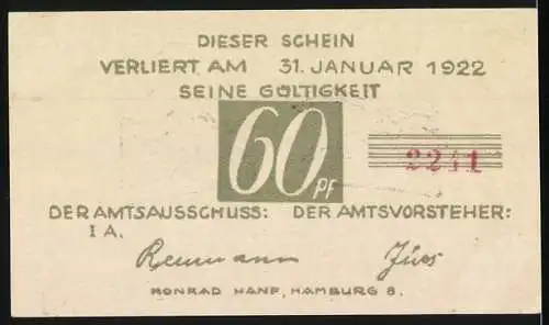 Notgeld Brande-Hörnerkirchen, 1922, 60 Pfennig, Turm und Landschaft, Gültigkeit bis 31. Januar 1922