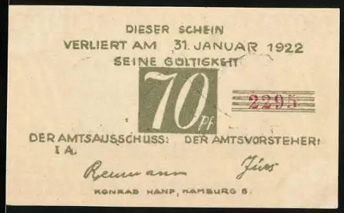 Notgeld Brande-Hörnerkirchen 1922, 70 Pfennig, Kirche und Gültigkeitsvermerk bis 31. Januar 1922