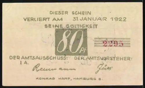 Notgeld Brande-Hörnerkirchen, 1922, 80 Pfennig, Gebäude mit Menschenansammlung und Gültigkeit bis 31. Januar 1922