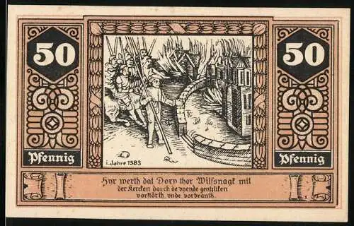 Notgeld Wilsnack, 1922, 50 Pfennig, Darstellung des Stadtbrands von 1383 und Wunderblutkirche