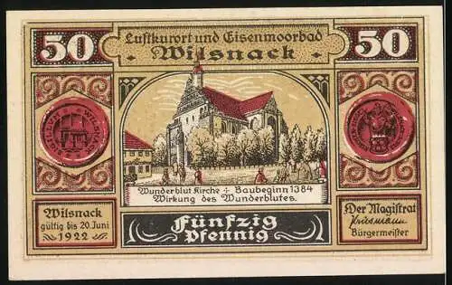 Notgeld Wilsnack, 1922, 50 Pfennig, Darstellung des Stadtbrands von 1383 und Wunderblutkirche